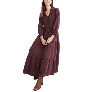 MADEWELL Dress S Wine Lightspun Tie Neck Tiered Oversized Midi Cottage Prairie